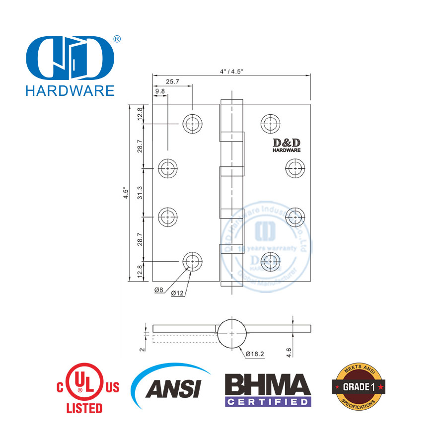 Außentür-Edelstahl BHMA ANSI Grade 1 Hochleistungsscharnier-DDSS001-ANSI-1-4,5 x 4,5 x 4,6 mm