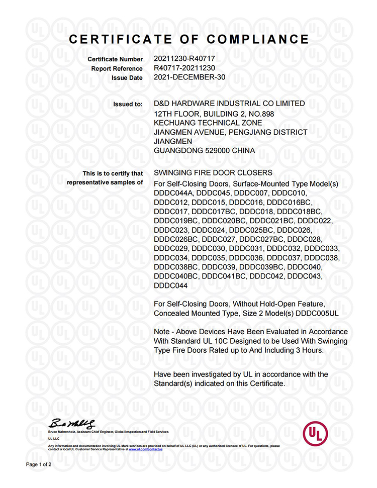 Satinierte Aluminiumlegierung UL ANSI-Zertifizierung Hardware-Türschließer-DDDC021BC-SSS