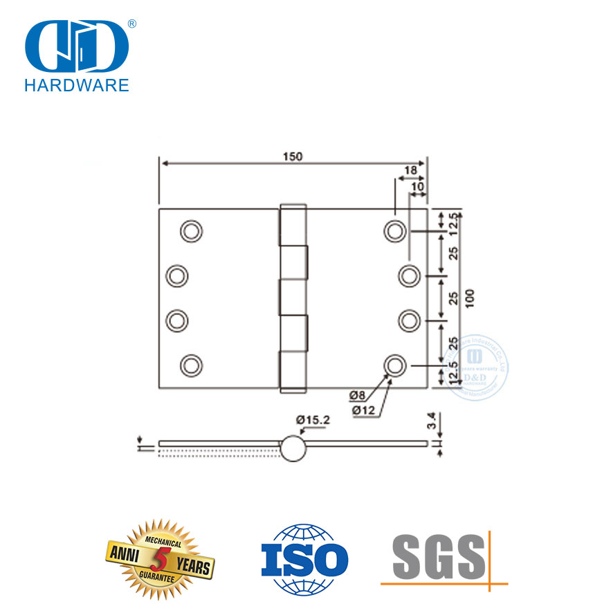 Zubehör für Türbeschläge, passend für SUS 304-Türscharniere mit breiter Wurfweite – DDSS049 – 100 x 180 x 3,4 mm