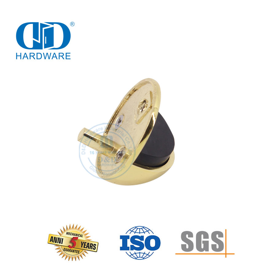 Bodenmontierter Türstopper aus massivem Messing, poliert, goldfarben, runder Gummi-Türstopper-DDDS005-PB