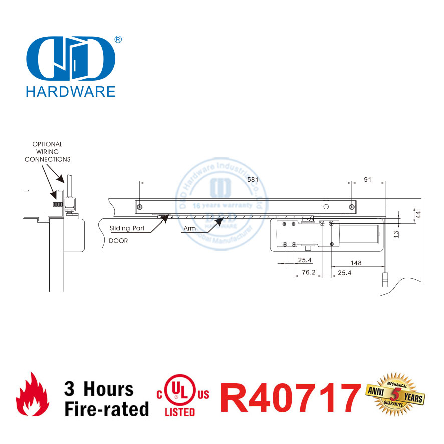 Sicherheit UL-gelistete Zertifizierung Feuerbeständiger elektrischer Schiebearm-Türschließer-DDDC048