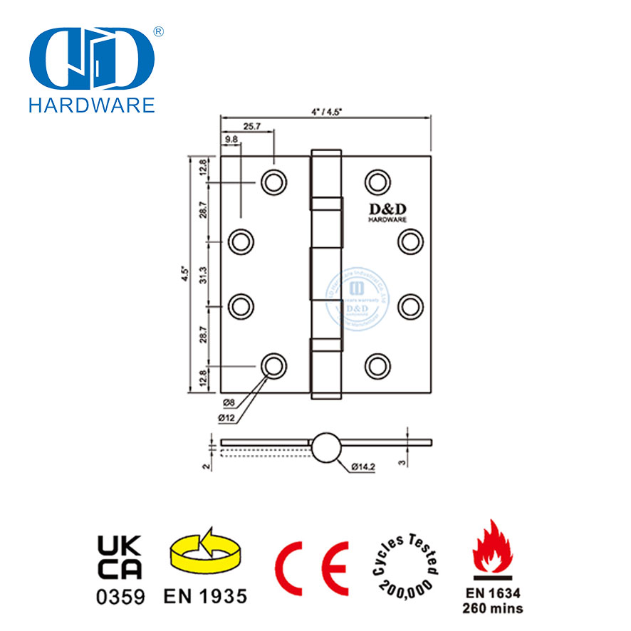 4,5-Zoll-Großhandels-Feuerschutz-Edelstahl, CE-Zertifizierung Klasse 13, kugelgelagertes Metall-Holztürscharnier -DDSS001-CE