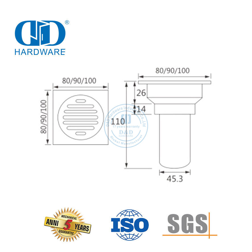 Edelstahl-Kunststoff-Sqaure-Typ-Linear-Duschablauf-Badezimmer-Hardware-Bodenablauf für Badezimmer-DDFD001