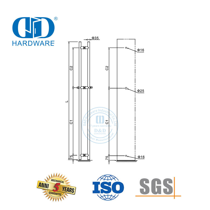 Zubehör für Bürofront-Glastüren aus Edelstahl, Rundrohr-Glastür-Zuggriff mit Schloss-DDPH040