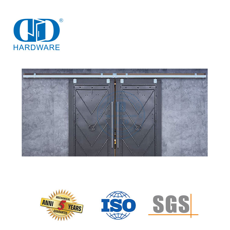 Edelstahl-Beschläge für Taschentüren, Wandmontage, Doppelschieber, robuste Scheunentor-Beschläge, Rollengetriebe-Set-DDBD039