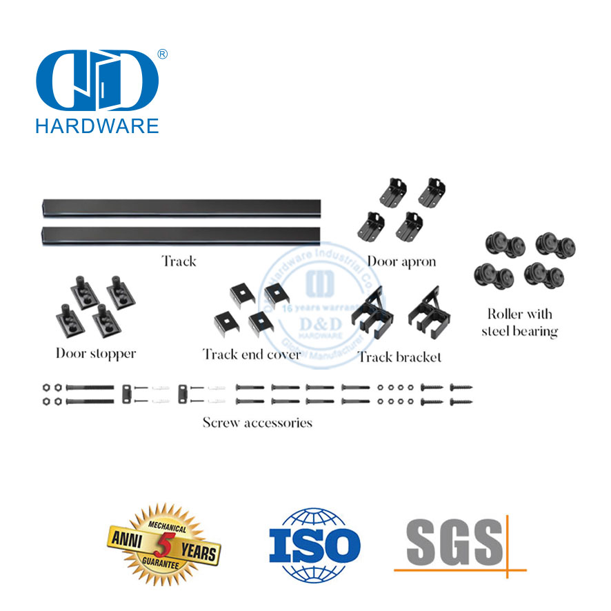 Hochleistungs-Doppelschiebetürbeschläge aus Edelstahl, Schwarz, Bypass-Scheunentorbeschläge, Apartment-Kit-DDBD041