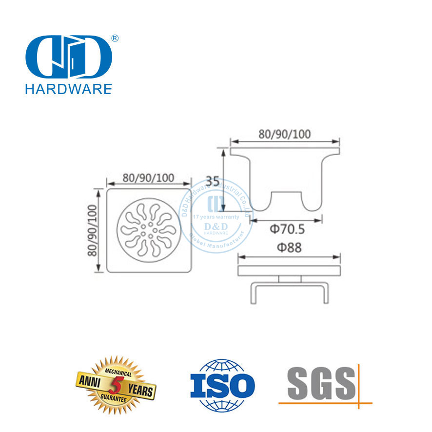 Hochwertiger Sanitär-Bodenablauf aus Edelstahl, quadratischer Bodenablauf, Badezimmer-Hardware-DDFD006