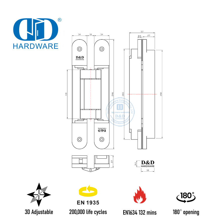 120 kg verstellbares verdecktes Türscharnier EN1935 für feuerbeständige Metalltüren-DDCH008-G120
