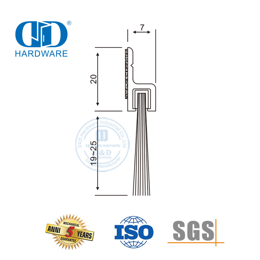 Anylon-Bürstendichtung, Aluminium-Träger, selbstklebend, automatisch, kaltluftsicher, Schiebetür-Sweep-Dichtung-DDBS004