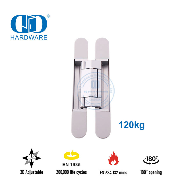 China Supply Zinklegierung 3D verdecktes, verstecktes Kreuz, sanftes Schließen, leise Einstellung, 180 Grad kommerzielles Stahl-Holzscharnier-DDCH008-G120