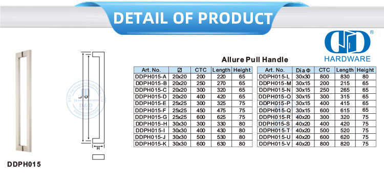 Edelstahl-Türbeschläge für den Außenbereich, Hauptglastür-Zuggriff, Allure-Zuggriff-DDPH015