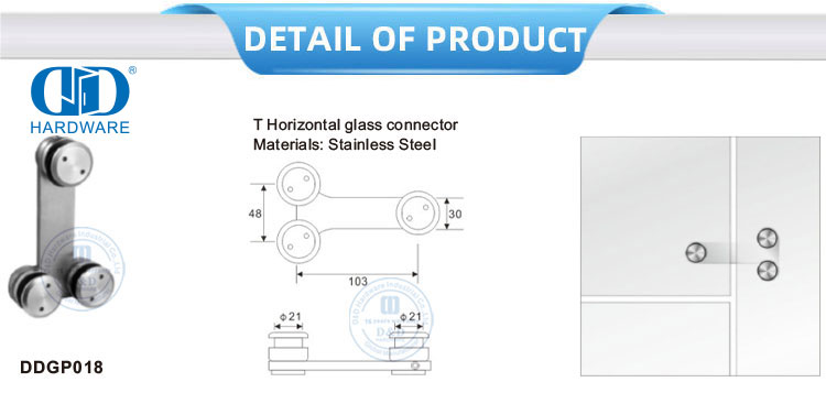 Edelstahl-T-Horizontal-Glasverbinder, Glastür-Dreh-Schiebetür-Hardware-DDGP018