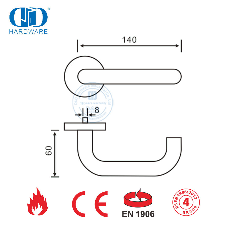 Geeignet für Metalltür EN 1906 SUS 316 Hohlhebelgriff-DDTH001-SSS