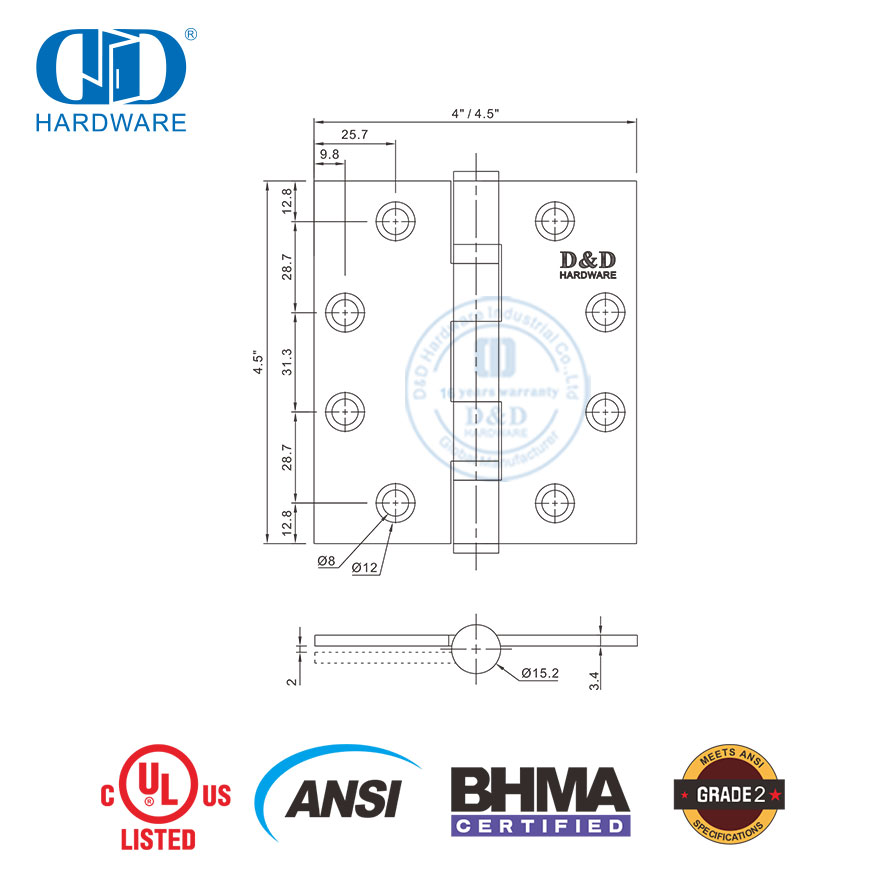 ANSI UL-gelistetes BHMA-Schnellmontage-Edelstahl-feuerfestes Kugellager-Küchenschrank-Möbeltürscharnier-DDSS001-ANSI-2-4,5 x 4,5 x 3,4 mm