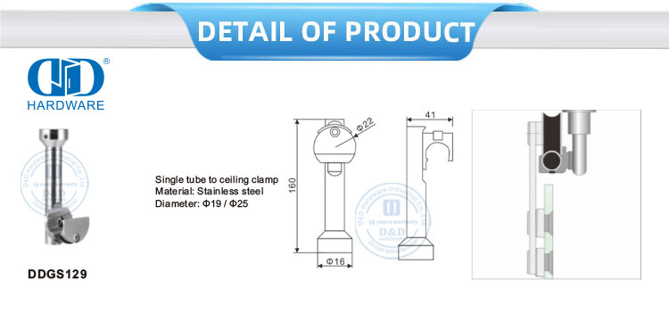 Einzelrohr-zu-Decken-Klemme, Edelstahl-Glastürbeschlag, Türbeschläge-Zubehör-Set für Toilette, Toilette, DDGS129