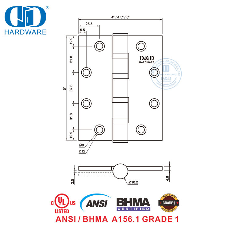 ANSI Grade 1 BHMA Hochleistungs-Sicherheitsscharniere für Regierungsbürotüren-DDSS001-ANSI-1-5x5x4,8mm