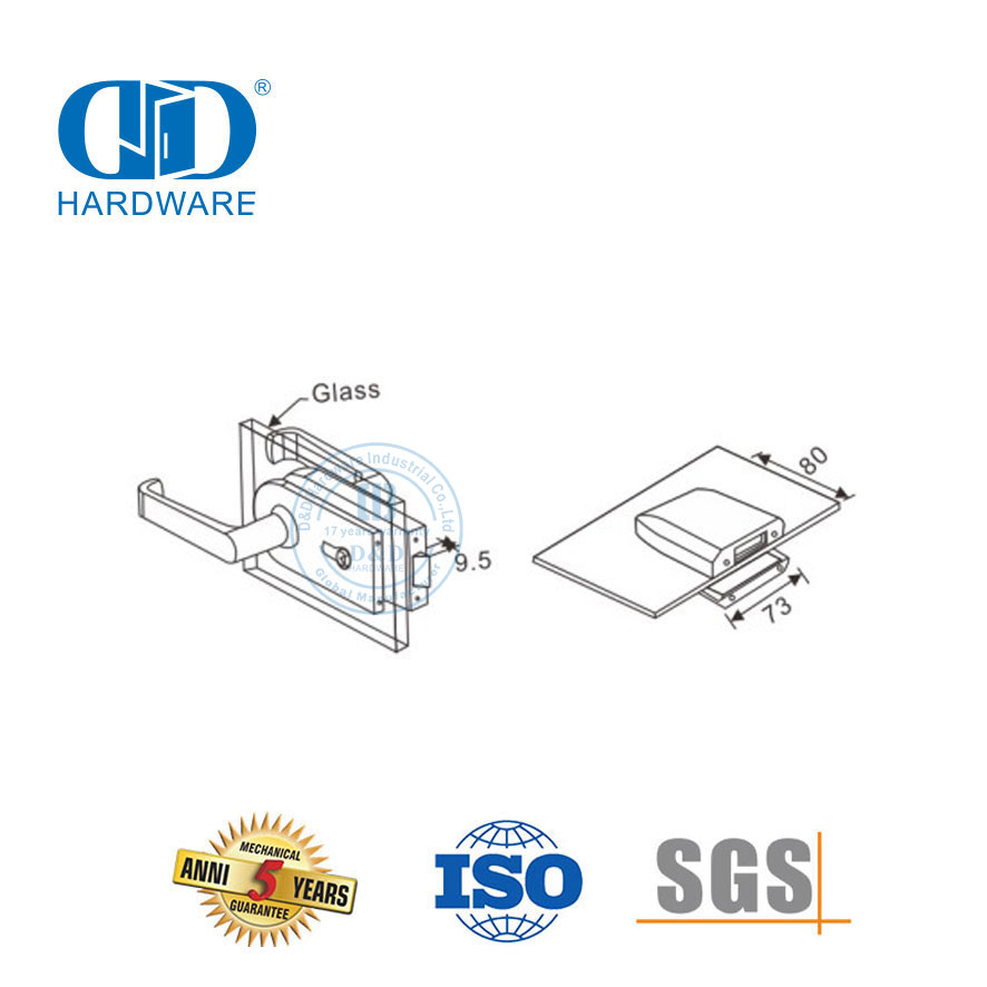Hochsicheres Edelstahl-Glasbeschlag-Patch-Hardware-Türschloss-Set, Griffschloss für Büro, Schule, DDGL002
