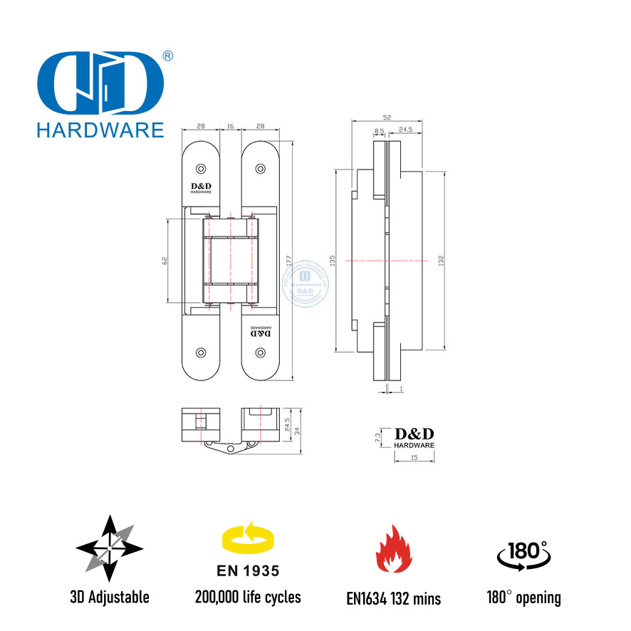 Brandgeschütztes, verstecktes Wohnungstürscharnier mit EN1935-DDCH008-G80