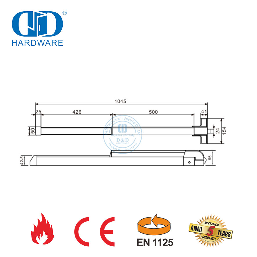 CE-UL-gelisteter, feuerbeständiger Edelstahl-Hebelgriff mit Druckstange, Panikausgangsbeschläge für Holztüren-DDPD025-CE