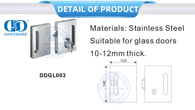 Quadratisches Glasschiebetürschloss aus Edelstahl mit Schlüsselgriff und Türbeschlag-DDGL003